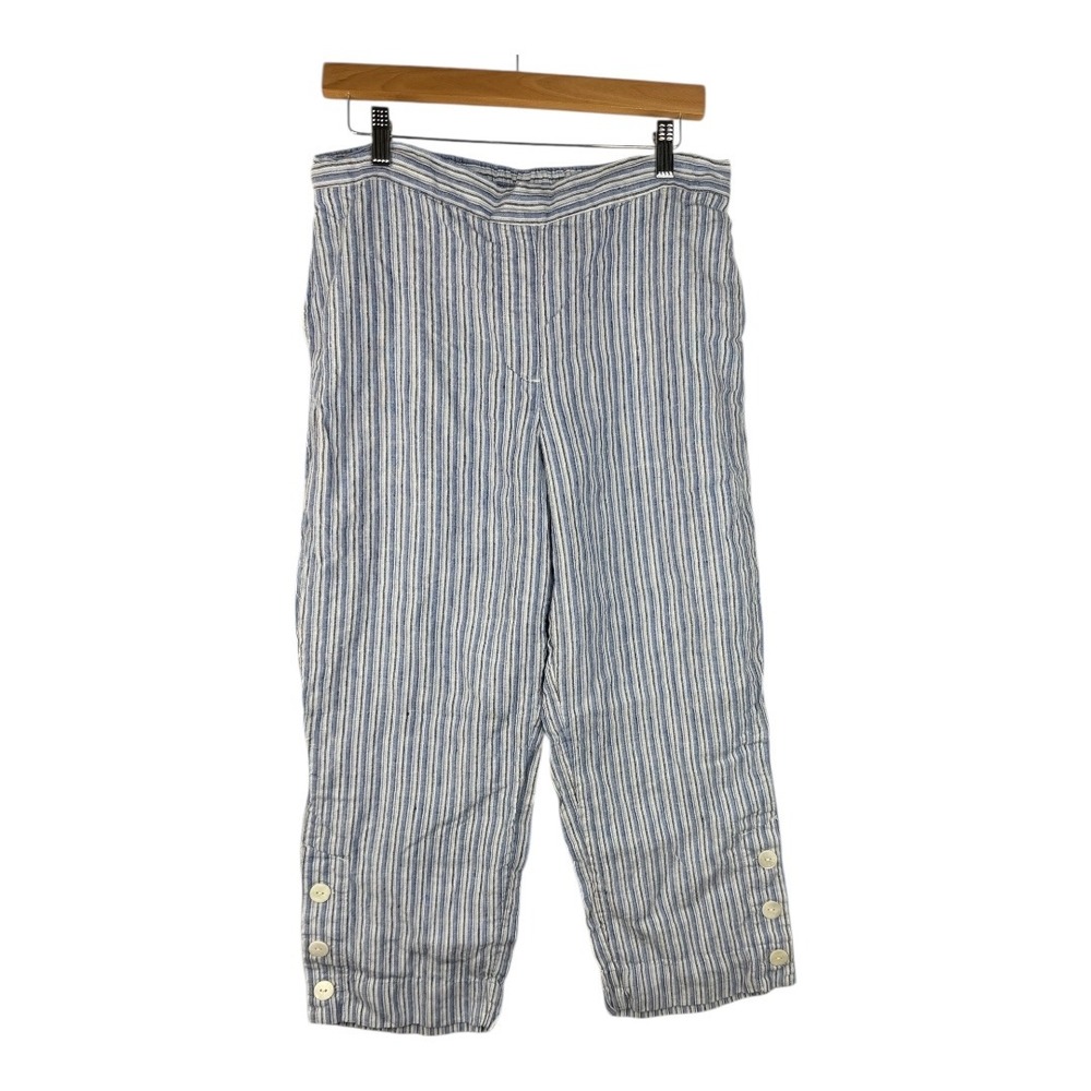 Chico's Linen Striped‎ Cropped Pull On Coastal Lagenlook Nautical Pants size 10